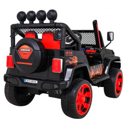Masinuta electrica Jeep Raptor Drifter 4x4, roti spuma EVA, 4 motoare, 2 locuri, Bluetooth, negru, flacari