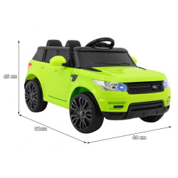 Masina electrica sport verde, 2x30W, 2x6V/4,5Ah, 3 viteze, buton STOP, roti plastic, suspensii, melodii, MP3, SD, AUX, USB