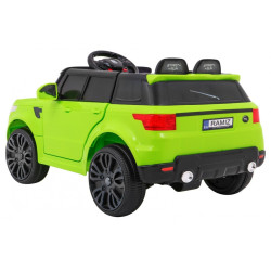 Masina electrica sport verde, 2x30W, 2x6V/4,5Ah, 3 viteze, buton STOP, roti plastic, suspensii, melodii, MP3, SD, AUX, USB