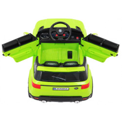 Masina electrica sport verde, 2x30W, 2x6V/4,5Ah, 3 viteze, buton STOP, roti plastic, suspensii, melodii, MP3, SD, AUX, USB