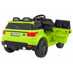 Masina electrica sport verde, 2x30W, 2x6V/4,5Ah, 3 viteze, buton STOP, roti plastic, suspensii, melodii, MP3, SD, AUX, USB