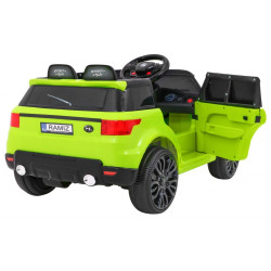 Masina electrica sport verde, 2x30W, 2x6V/4,5Ah, 3 viteze, buton STOP, roti plastic, suspensii, melodii, MP3, SD, AUX, USB