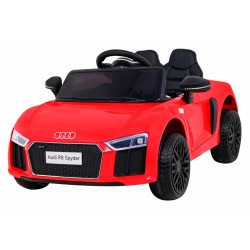 Masinuta electrica Audi R8 rosie, 2x35W, telecomanda, 3 viteze, MP3, USB, muzica pe volan, scaun piele
