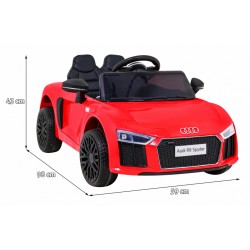 Masinuta electrica Audi R8 rosie, 2x35W, telecomanda, 3 viteze, MP3, USB, muzica pe volan, scaun piele