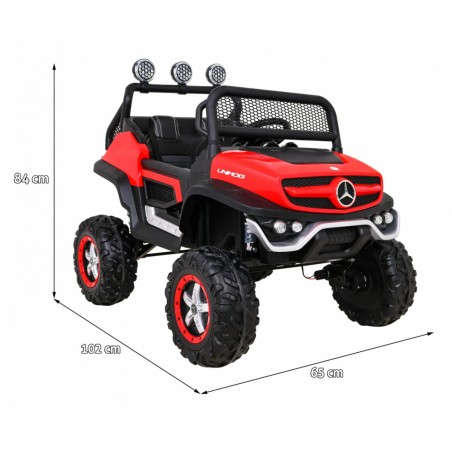 Masinuta electrica Mercedes BENZ UNIMOG, 12V, off road, roti spuma EVA, lumini LED, MP3, USB, sarcina 30 kg, 102x65x84cm