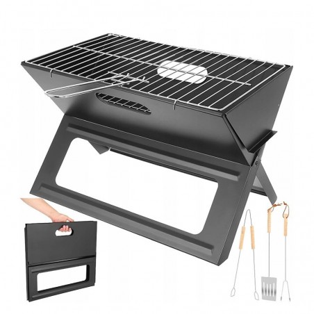 Gratar de gradina pliabil, 3 accesorii gatit, grill portabil, otel, 46x30x30 cm
