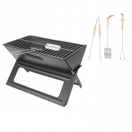 Gratar de gradina pliabil, 3 accesorii gatit, grill portabil, otel, 46x30x30 cm