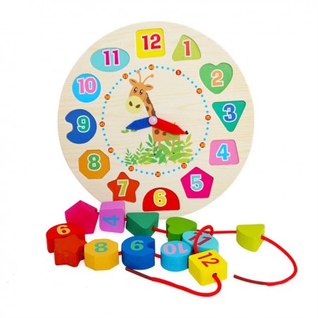 Ceas educativ din lemn, puzzle 12 forme geometrice, diametru 18 cm