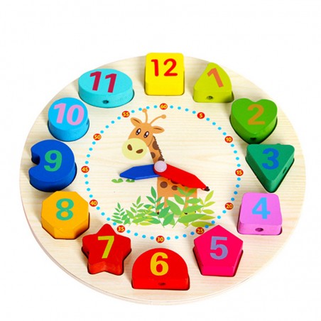 Ceas educativ din lemn, puzzle 12 forme geometrice, diametru 18 cm