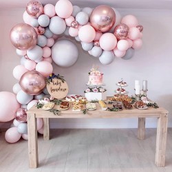 Decor baloane arcada, 79 piese, folie si latex, franjuri argintii, macaron pink