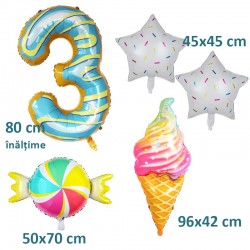 Balon gigant folie cifra 3, inaltime 80 cm, decor cu 5 baloane candy, gogoasa, inghetata
