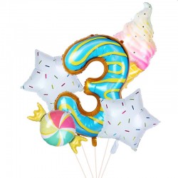 Balon gigant folie cifra 3, inaltime 80 cm, decor cu 5 baloane candy, gogoasa, inghetata