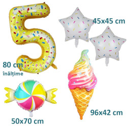 Balon folie gigant cifra 5, inaltime 80 cm, candy decor gogoasa, inghetata, 5 piese