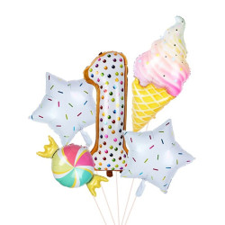 Balon folie gigant cifra 1, inaltime 80 cm, decor Candy gogoasa, inghetata, 5 piese