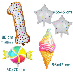 Balon folie gigant cifra 1, inaltime 80 cm, decor Candy gogoasa, inghetata, 5 piese