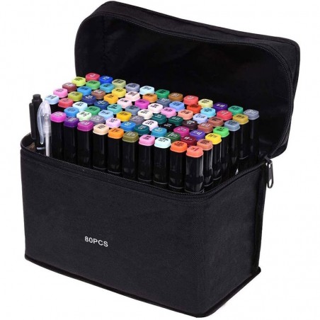 Set 80 markere colorate cu varf dublu, geanta depozitare