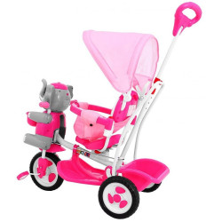 Tricicleta copii 2 in 1, balansoar cu efecte sonore, protectie soare, suport picioare, Happy Elephan roz