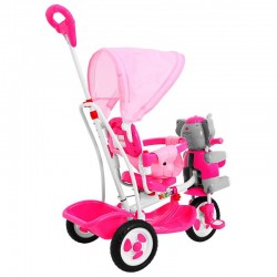 Tricicleta copii 2 in 1, balansoar cu efecte sonore, protectie soare, suport picioare, Happy Elephan roz