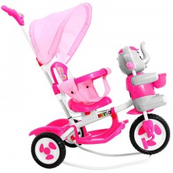 Tricicleta copii 2 in 1, balansoar cu efecte sonore, protectie soare, suport picioare, Happy Elephan roz