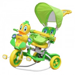 Tricicleta copii 2 in 1, functie balansoar, protectie soare, efecte sonore, Rata verde