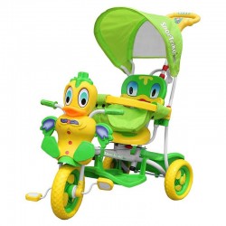 Tricicleta copii 2 in 1, functie balansoar, protectie soare, efecte sonore, Rata verde