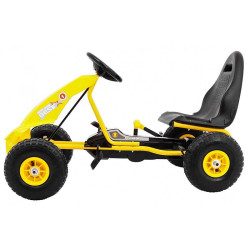 Kart cu pedale, 4 roti, scaun reglabil, volan, frana de mana, cutie viteze, galben
