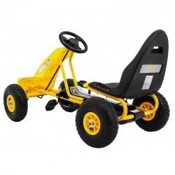 Kart cu pedale, 4 roti, scaun reglabil, volan, frana de mana, cutie viteze, galben