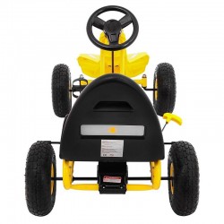 Kart cu pedale, 4 roti, scaun reglabil, volan, frana de mana, cutie viteze, galben