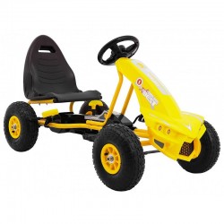 Kart cu pedale, 4 roti, scaun reglabil, volan, frana de mana, cutie viteze, galben