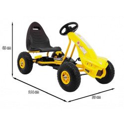 Kart cu pedale, 4 roti, scaun reglabil, volan, frana de mana, cutie viteze, galben