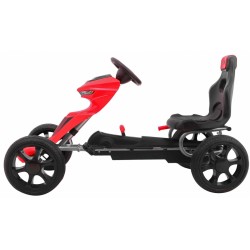 Kart cu pedale, roti spuma EVA, scaun reglabil, cutie viteze, volan, frana de mana, rosu