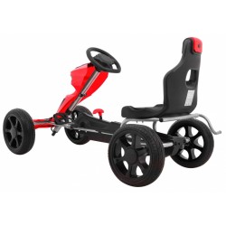 Kart cu pedale, roti spuma EVA, scaun reglabil, cutie viteze, volan, frana de mana, rosu