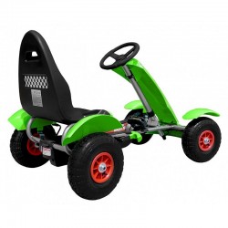 Kart cu pedale, scaun reglabil, transmisie pe lant, cutie viteze, volan, frana de mana, verde