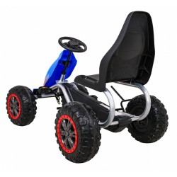 Kart cu pedale, roti spuma EVA, transmisie pe lant, volan, frana de mana, albastru