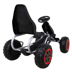 Kart cu pedale, roti spuma EVA, transmisie pe lant, volan, frana de mana, negru