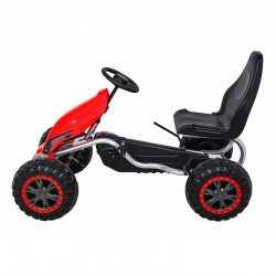 Kart cu pedale, roti spuma EVA, transmisie pe lant, volan, frana de mana, rosu
