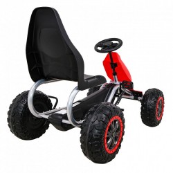 Kart cu pedale, roti spuma EVA, transmisie pe lant, volan, frana de mana, rosu
