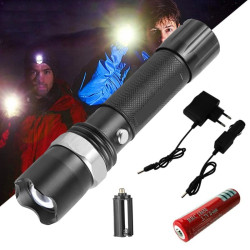 Lanterna SMD cu zoom, acumulator, raza 200 metri, incarcator auto si priza