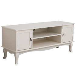 Comoda TV 120x40x50 cm, rafturi, 2 dulapuri depozitare, picioare lemn pin, MDF, alb