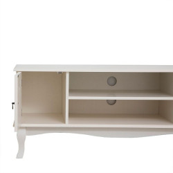 Comoda TV 120x40x50 cm, rafturi, 2 dulapuri depozitare, picioare lemn pin, MDF, alb