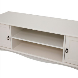Comoda TV 120x40x50 cm, rafturi, 2 dulapuri depozitare, picioare lemn pin, MDF, alb
