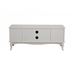 Comoda TV 120x40x50 cm, rafturi, 2 dulapuri depozitare, picioare lemn pin, MDF, alb