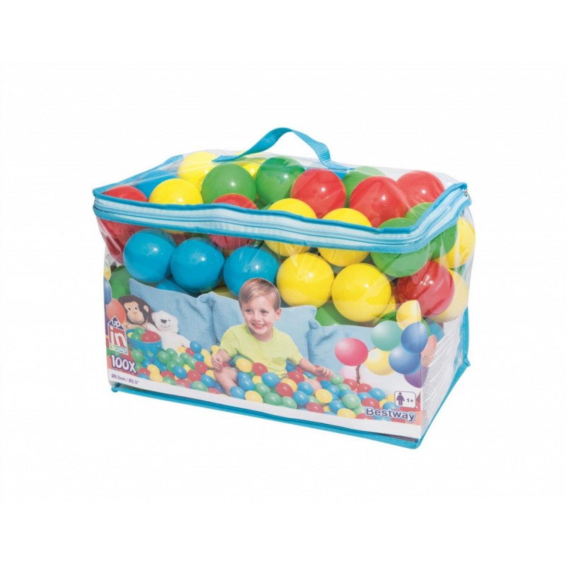 Set 100 mingi multicolore, diametru 6,5 cm, pentru spatiu de joaca si piscina, geanta depozitare