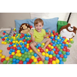 Set 100 mingi multicolore, diametru 6,5 cm, pentru spatiu de joaca si piscina, geanta depozitare