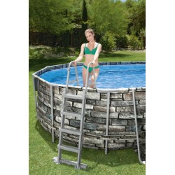 Piscina ovala 610x366x122 cm, cadru metalic, design piatra, scara, pompa 32W, 20241 litri