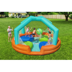 Spatiu de joaca gonflabil, water park copii, minge pulverizatoare, 4 platforme joc, pompa, 450x450x268 cm
