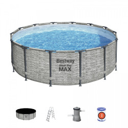 Piscina cadru metalic, diametru 427 cm, scara acces, husa protectie, design piatra