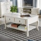 Masuta cafea 100x60x49 cm, picioare lemn pin alb, MDF, 2 sertare, raft depozitare