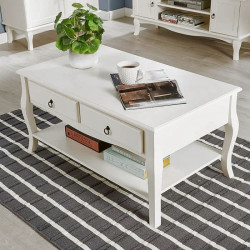 Masuta cafea 100x60x49 cm, picioare lemn pin alb, MDF, 2 sertare, raft depozitare