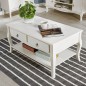 Masuta cafea 100x60x49 cm, picioare lemn pin alb, MDF, 2 sertare, raft depozitare